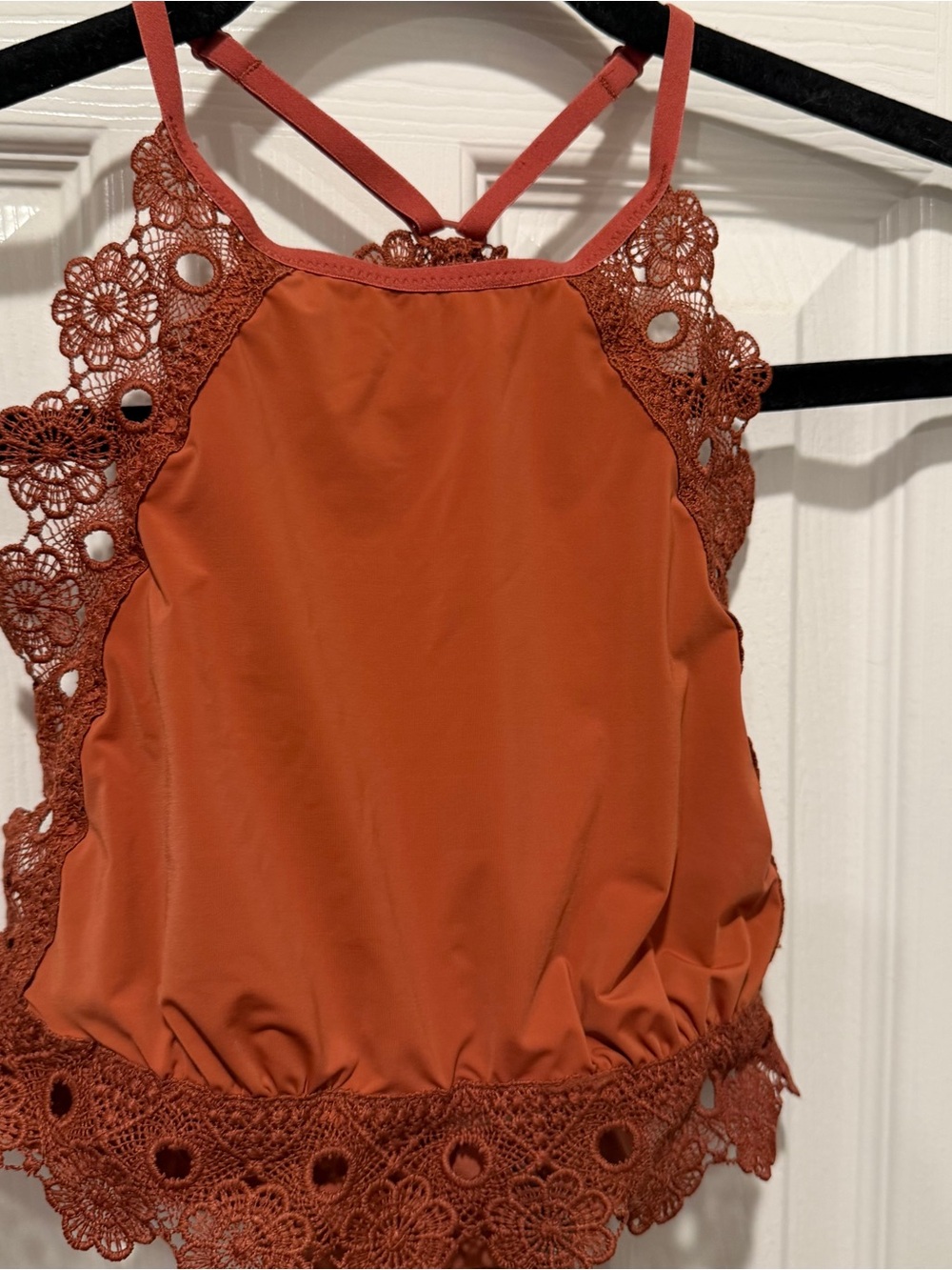 Rust Orange Crochet Lace Strappy Open Back Boho Tank Top Size S